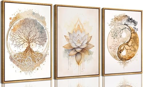 3pcs Framed Tree of Life Canvas Wall Art Gold Lotus Zen Painting Picture Wall by libitea