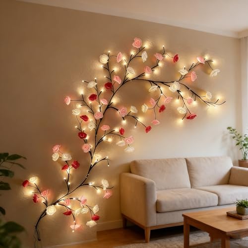 Rose LED Tree Branch Lights for Wall, Led Rose Blossom Lights Twig Decor by Garayma
