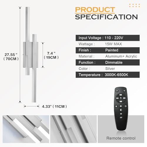 Benkut Modern LED Wall Sconce Silver Remote Wall Light Fixtures - Image 4
