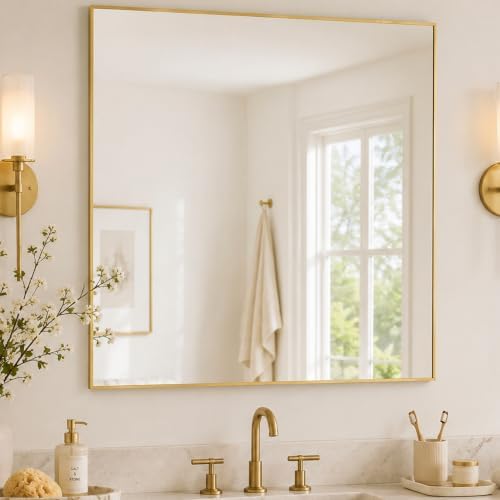 36"x36" Brushed Gold Framed Square Bathroom Vanity Wall Mirror by Pocetry