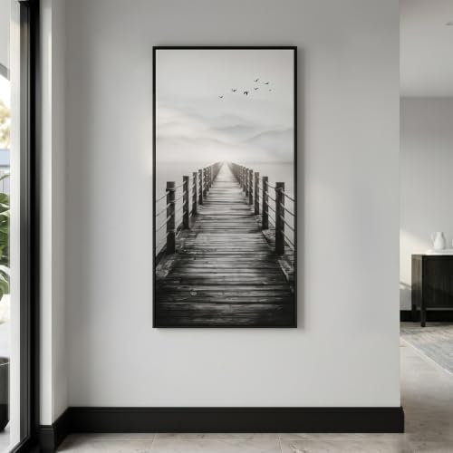 Framed Black and White Lake Pier Landscape Wall Art by Cuspin