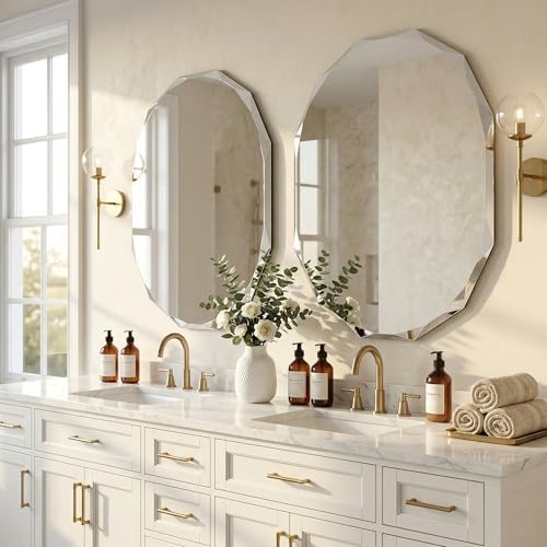 30" x 36" Large Faceted Frameless Wall Mirror, Diamond Edge Oval Bathroom - Image 6