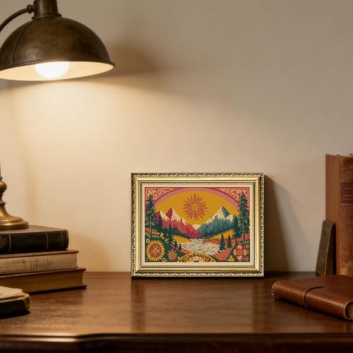 Gold Framed Boho Canvas Wall Art, Abstract Mountain Sun Print - Image 2
