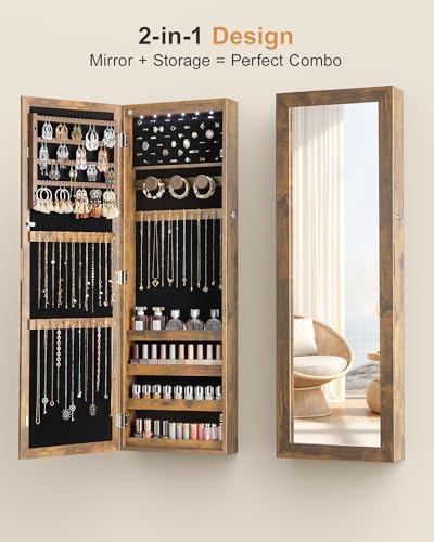 Nicetree 6 LEDs Mirror Jewelry Cabinet, Wall/Door Mounted, Rustic Brown - Image 4