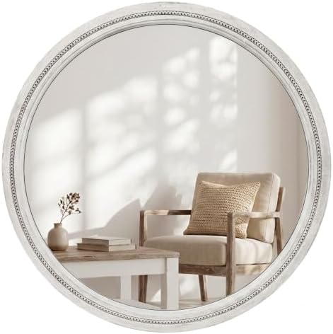 Solid Wood 36 Inch Round Beaded Wall Decor Mirror, Distressed White by Pocetry