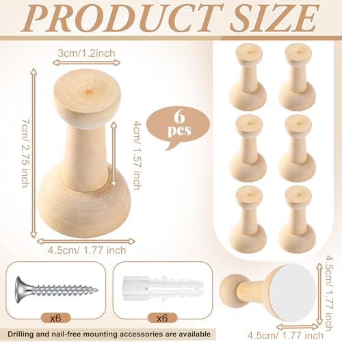 6 Pack Natural Wooden Adhesive Coat Hooks, Rustic Wall Hangers - Image 2