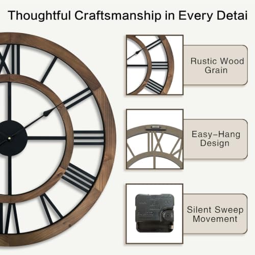 30 Inch Oversized Rustic Wall Clock Silent Non-Ticking Wooden Wall Clocks - Image 4