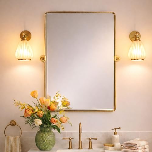 Farmhouse Pivot Rectangle Bathroom Mirror Brushed Gold Metal Framed Tilting by TEHOME