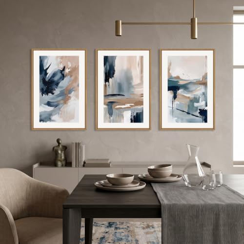 Aryroi Large Abstract Navy Blue Framed Canvas Wall Art Set, Modern Neutral - Image 4