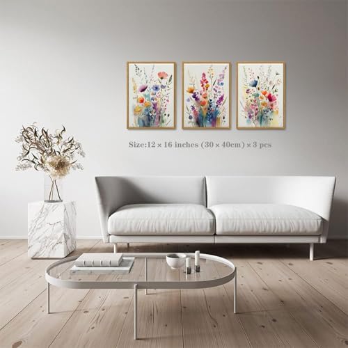 KISSFOX 3 Piece Colorful Wildflower Botanical Framed Wall Art Watercolor Floral - Image 2