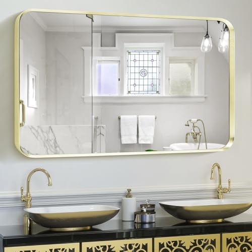 Gold Bathroom Mirror 30x40in, Metal Framed Rounded Rectangle Wall by Minuover