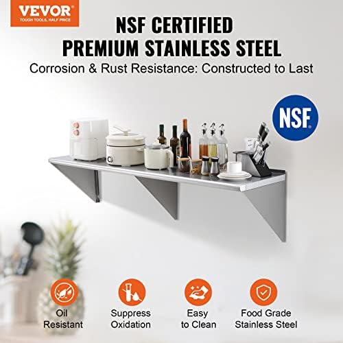 VEVOR 18" x 72" Stainless Steel Shelf, Wall Mounted Floating Shelving - Image 4