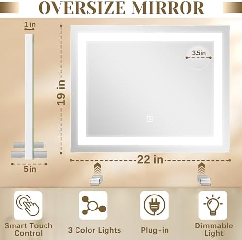 ROLOVE 22x20 Inch Lighted Vanity Mirror, 3 Color Modes - Image 2