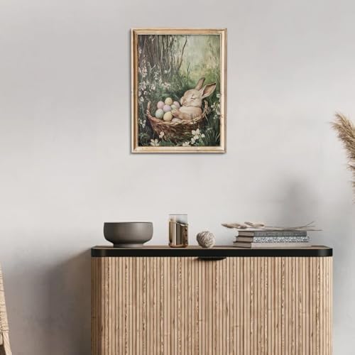 uniro Vintage Easter Rabbit Canvas Wall Art Print, Coloured Eggs and Bunny - Image 5