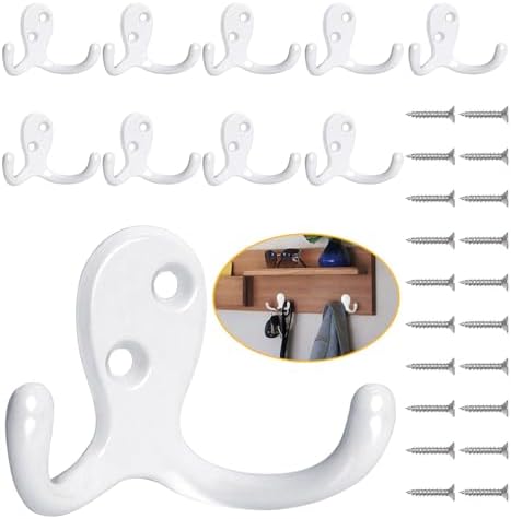 Homanu 10 Pack White Coat Hooks Wall Mounted Double Prong by Homanu