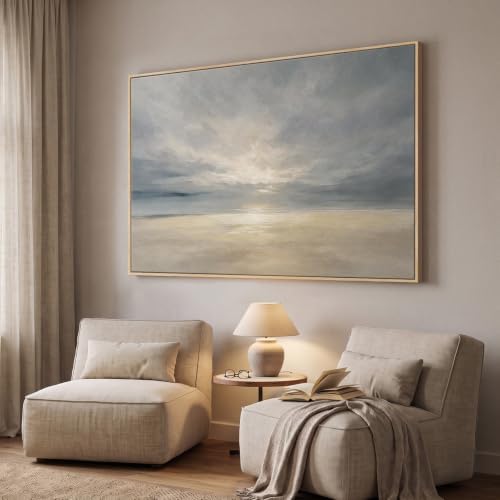 Extra Large Framed Beige Blue Coastal Abstract Wall Art, Horizontal 60x40 - Image 3