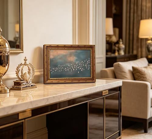 Vintage Gold Framed Flock of Birds in Flight Wall Art, Abstract Teal and Blush - Image 4