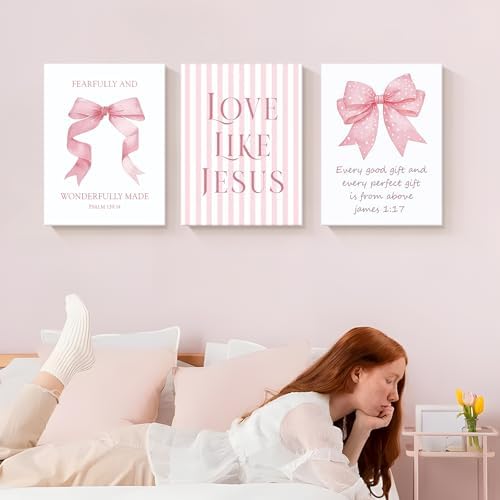 3 Piece Pink Bows Wall Art for Girls Room College Gifts for Girls 12x16 In - Image 5
