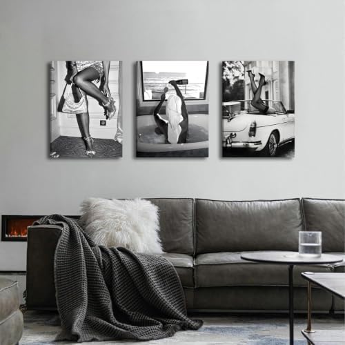 Black and White Vintage Canvas Wall Art High Heels Retro Car Bathtub Woman - Image 2