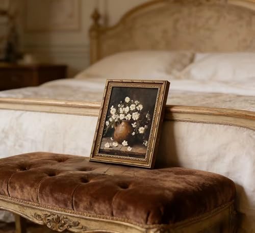 Vintage Gold Framed White Floral Wall Art, Rustic Flower Botanical Still Life - Image 5
