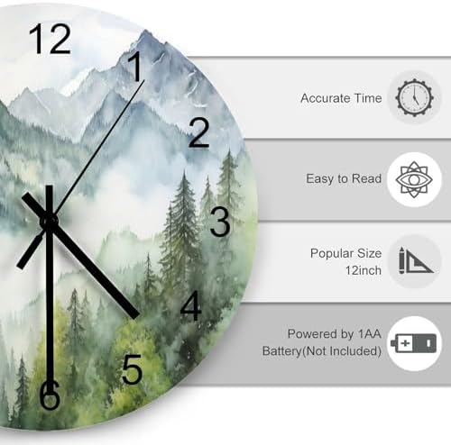 Forest Wall Clock 12 Inch Silent Non Ticking Clock Wooden, Watercolor Style - Image 3