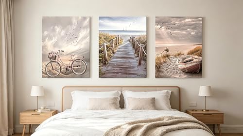 Beach Canvas Wall Art Neutral Coastal Canvas Pictures Vintage Bicycle Wooden - Image 3