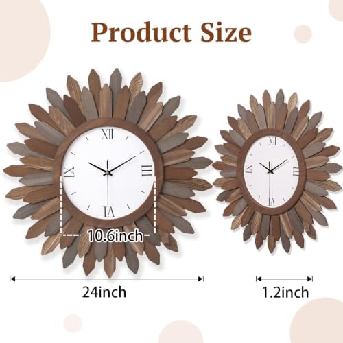Honiway 24 Inch Large Wall Clocks Battery Operated Silent Rustic Wood Boho - Image 3