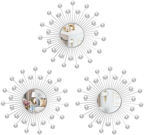 3 Pack Metal Mirrors for Wall Sunburst Wall Mirror Silver Crystal Wall Art by Uaussi