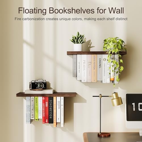 Floating Bookshelves for Wall, Rustic Wood Hanging Wall Bookshelf, Upside Down - Image 4