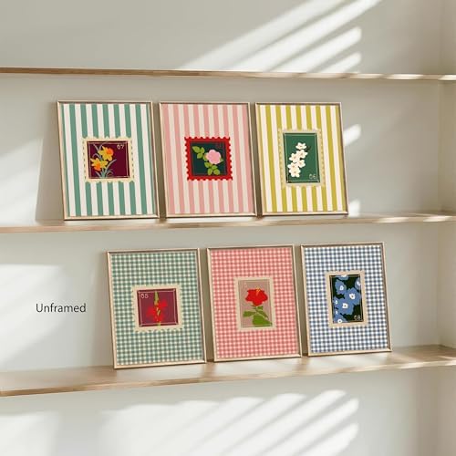 Coquette Pink Floral Posters Wall Art Set of 6, Colorful Stripes and Checks - Image 2