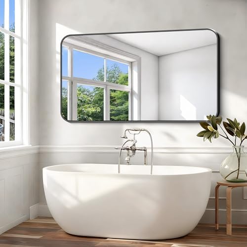 Black Bathroom Mirror, 66x36 inch Aluminum Metal Frame Rectangular Vanity Mirror - Image 3
