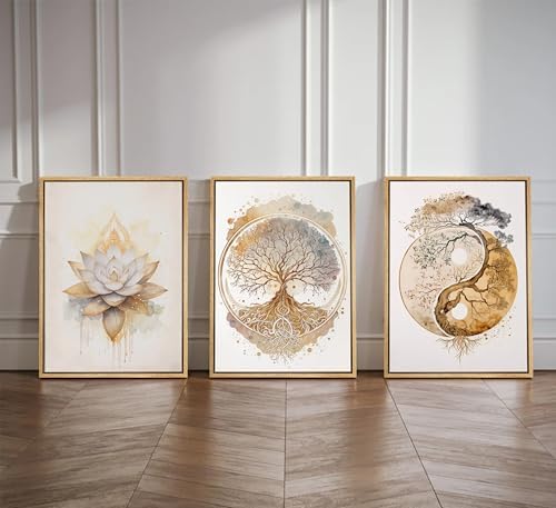 3pcs Framed Tree of Life Canvas Wall Art Gold Lotus Zen Painting Picture Wall - Image 2