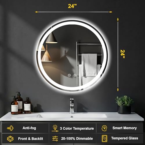 Round LED Bathroom Mirror with Lights, 24 Inch Circle Lighted Vanity Mirror - Image 2