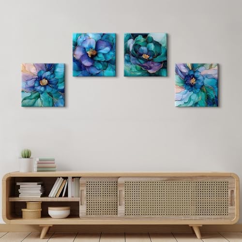 BL BORLINART Teal Blue and Gold Flower Wall Art Modern Wall Decor Abstract - Image 5
