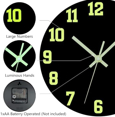 Glow in The Dark Wall Clock, 14 Inch Modern Black Wall Clocks - Image 5