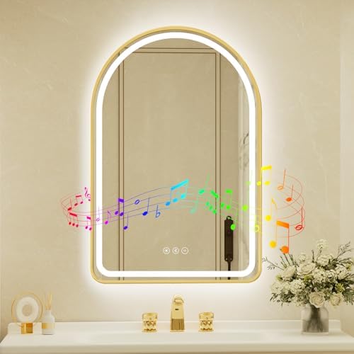 22x32 Inch Arched Gold Framed LED Bathroom Mirror by JingYiMingJing