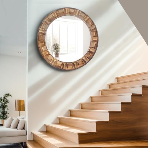 30 Inch Dark Brown Solid Wood Round Wall Mirror - Image 5