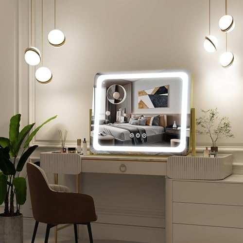 FENNIO Gold Vanity Mirror with Lights 22"x17", LED Lighted Makeup Mirror - Image 6