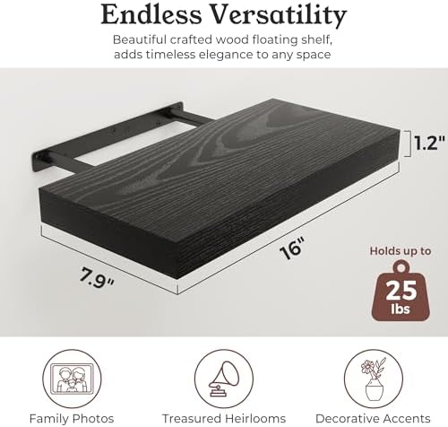 16" Black Floating Shelves Wood Wall Shelf - Image 2