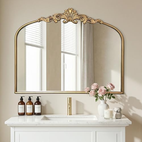 Antique Baroque Vintage Vanity Mirror 28x36Inch, Arched Vintage Wall Mirror by Oujchenghome