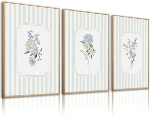 Blue Hydrangea Wall Art Floral Canvas Prints Sage Green Striped Wall Decor by Tanmart