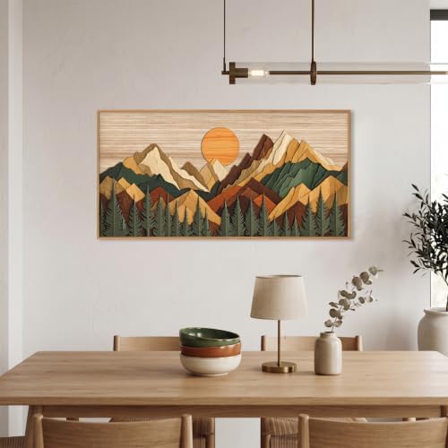 Boho Woodcut Style Mountain Framed Canvas Wall Art Set-40"x20"x1 - Image 3
