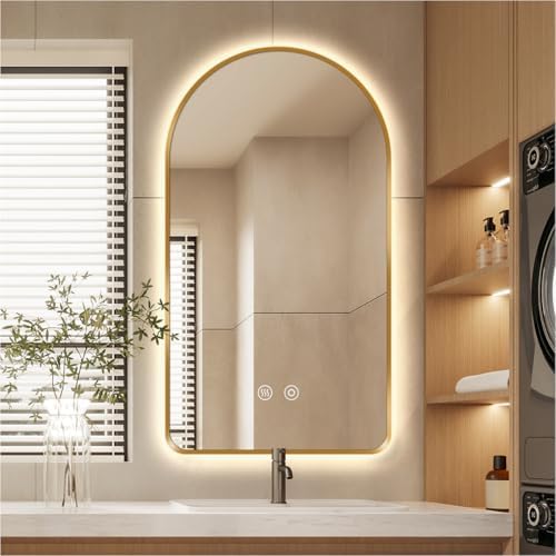 40"H x 24"W Arched LED Bathroom Mirror, Brushed Gold Framed Backlit Vanity by SIEANE