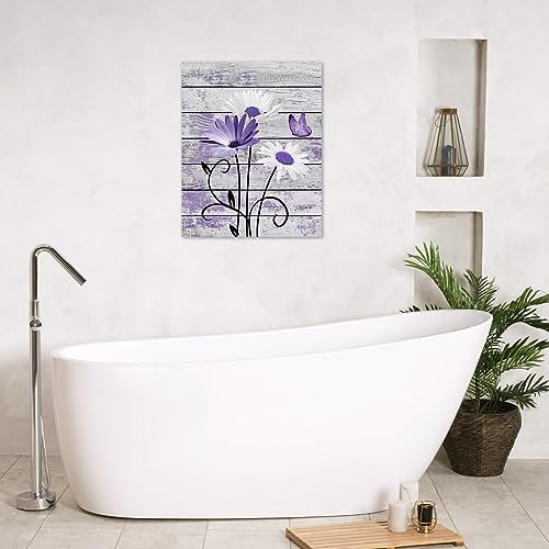 HVEST Vintage Floral Canvas Wall Art Purple and White Daisy Butterfly on - Image 5