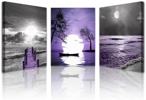 Lapremoly Black And White Purple Ocean Landscape Large Wall Decor by Lapremoly