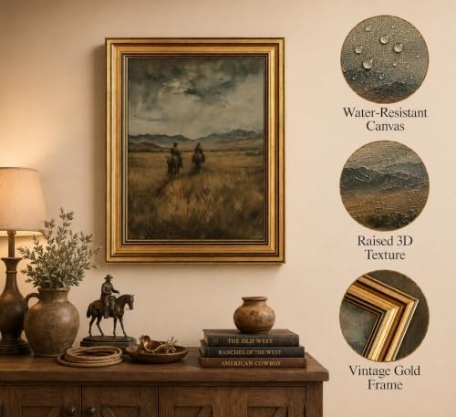 Gold Framed 3D Textured Wall Art, Vintage Western Cowboy Horse Canvas Prints - Image 2