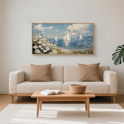 FWIEXA Coastal Wildflower Canvas Wall Art Framed, Ocean Sailboats Pictures Wall - Image 2