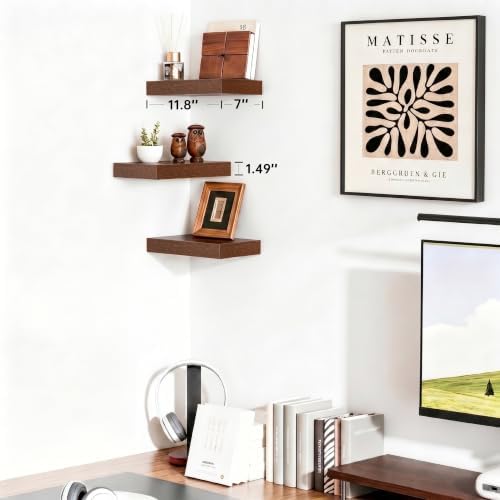 Walnut Floating Shelves for Wall, 12 Inch Wooden Shelves Set of 3 - Image 2