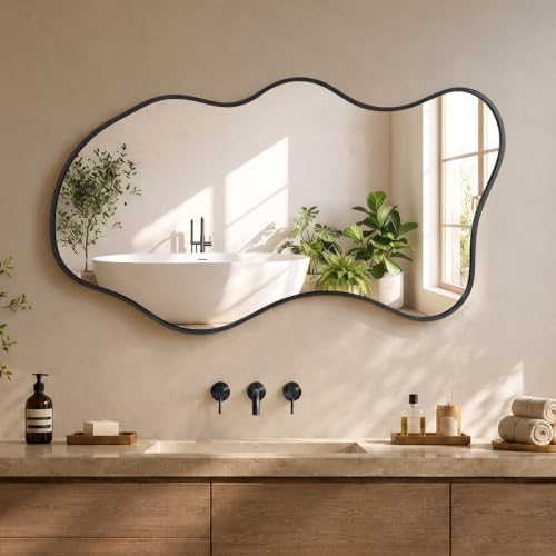 22"x40" Irregular Black Wall Mirror, Wavy Asymmetrical Mirror by Unknown