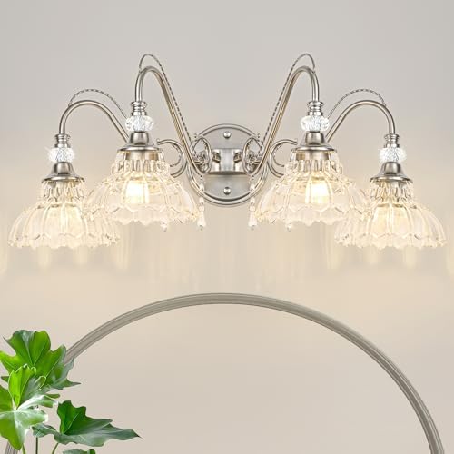 Brushed Nickel Bathroom Vanity Light, 4-Light Nickel Finish Wall Sconce by Unknown